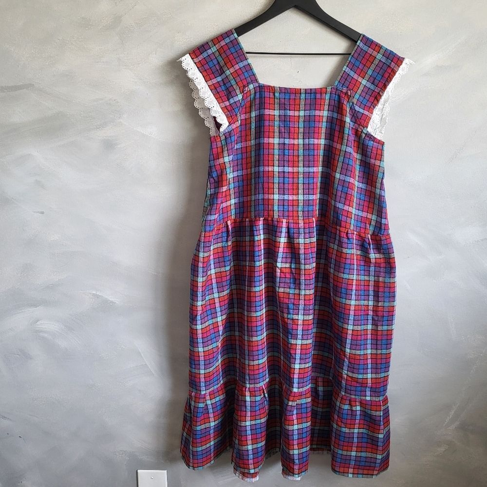 Vintage Squared Plaid Taffeta Pinafore Apron Style Dress 70s Handmade No Size